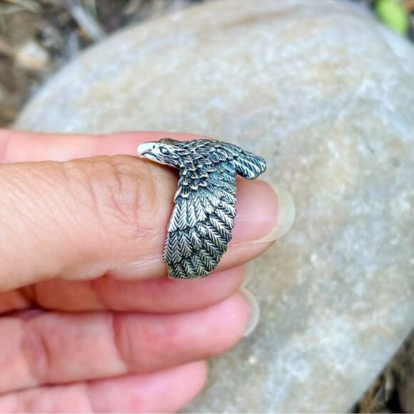 Solid Sterling Silver Eagle feather ring chunky wide boho biker sz 9, 10 and 12 - Picture 2 of 8